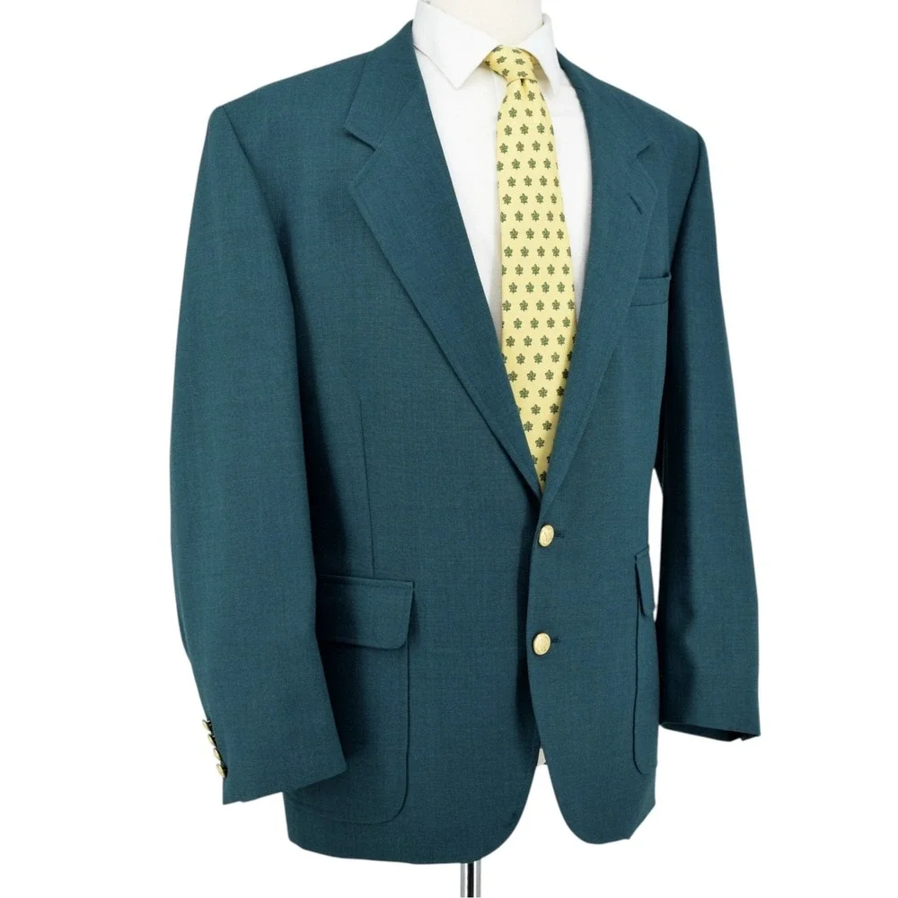 Vintage Hardwick Clothes Men's 46R Green Hopsack Blazer Sport Coat Gold Button